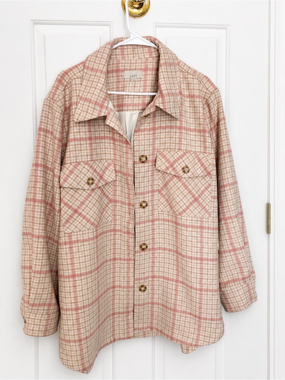 LOFT Blush and Cream Plaid Button-Front Shacket.